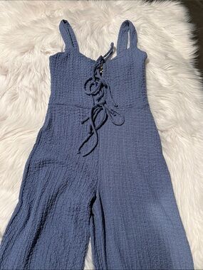See You Monday Slate Blue Textured Tie-Front Jumpsuit